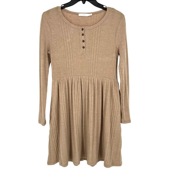 Lush Ribbed Henley A-Line Long Sleeve Dress Beige Irish Cream Size XS NWOT - Picture 1 of 10